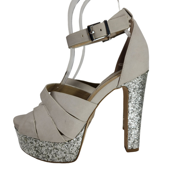 BCBG Womens Platform Sandals sz 6 M Alpine Cream Faux Leather Silver Glitter 5" - Picture 2 of 12